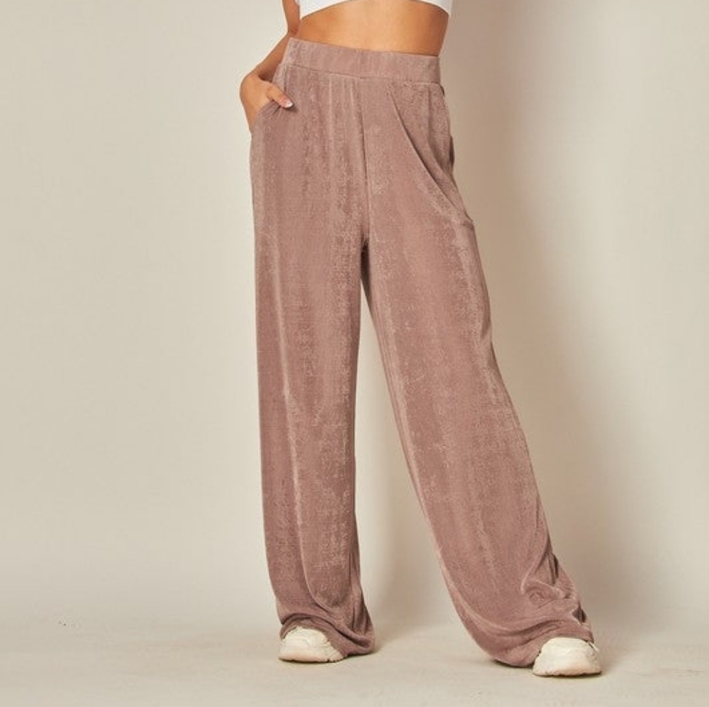 Acetate Slinky High-Waist Wide Leg Pull On Pants Smoked Eggplant Casual New